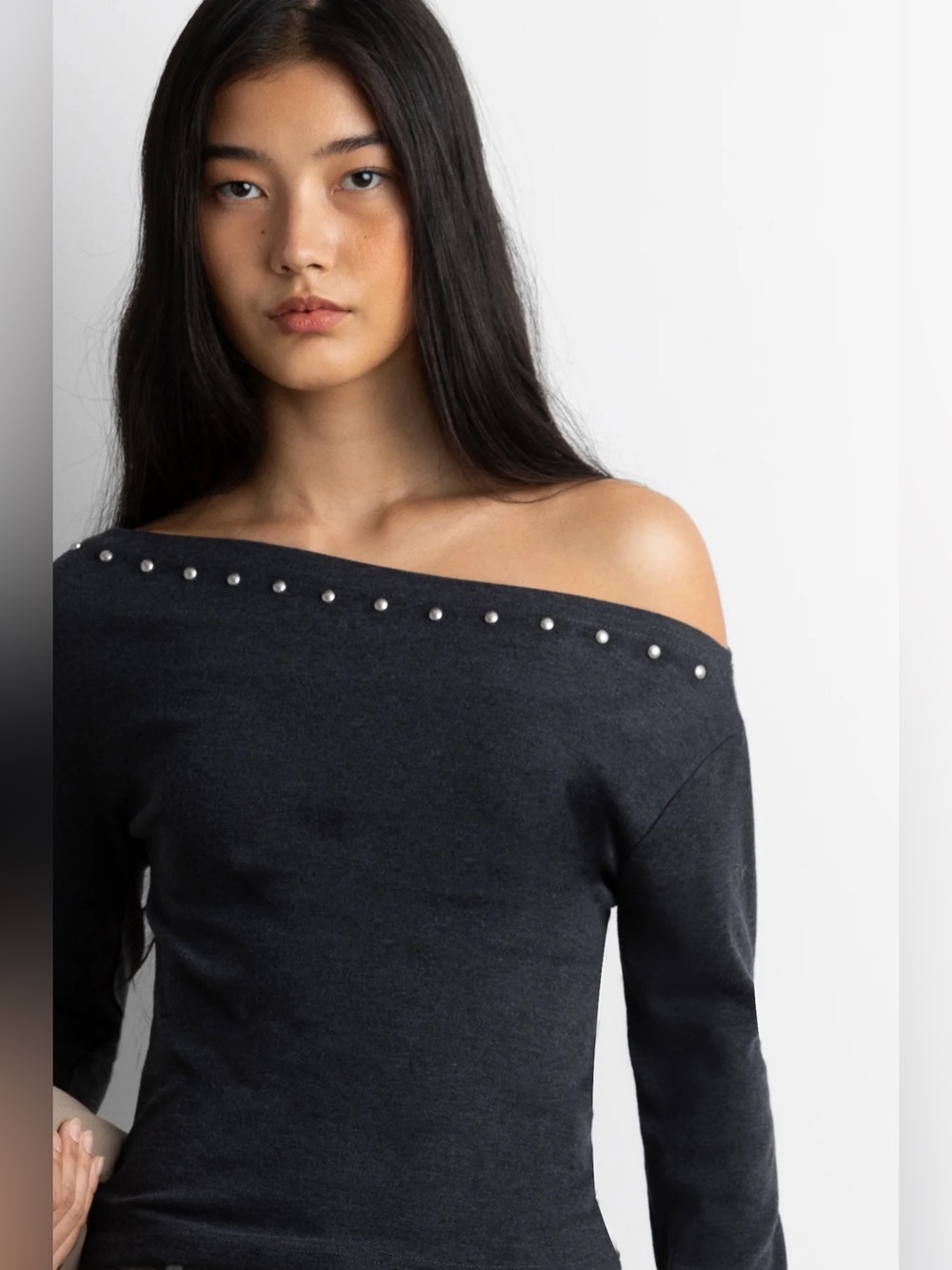 Oak and Fort Stud Detail Off The Shoulder Top Charcoal Size Small